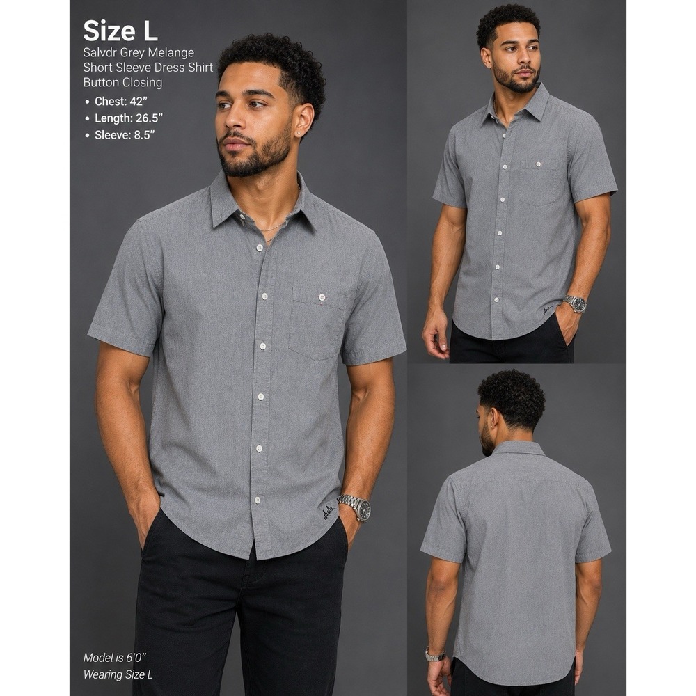 Size L- Salvdr  Men Grey Melange Short Sleeve 100% Cotton Dress Shirt